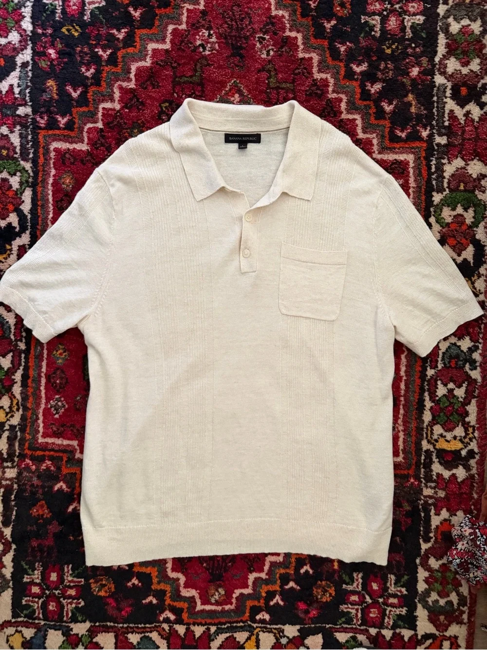 Banana Republic Men's Cream Short-Sleeve Knit Polo with Chest Pocket